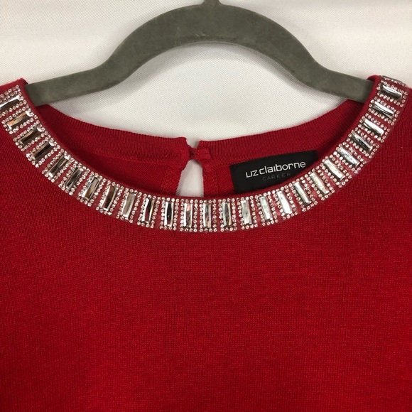 Liz Claiborne Red Holiday Sweater Beaded Crew Neckline Single Button Closure - Picture 3 of 8